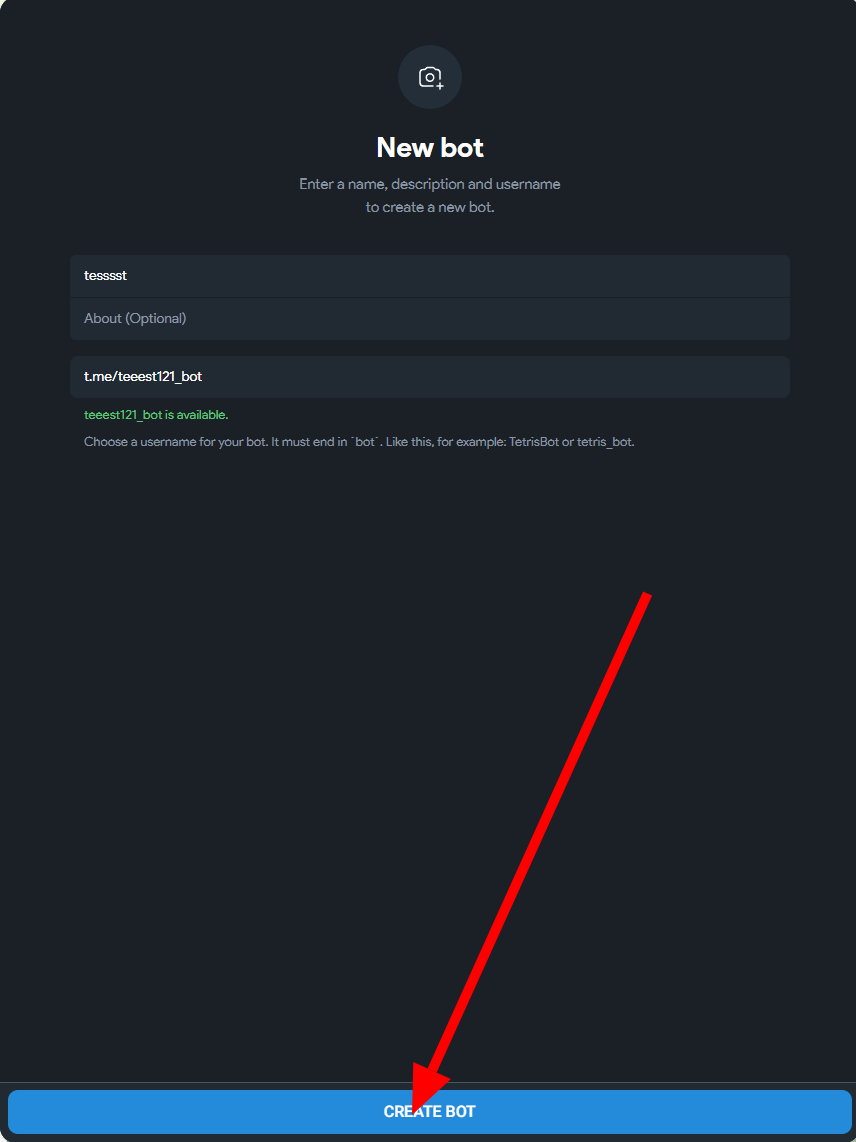 Создание нового бота и кнопка Create Bot