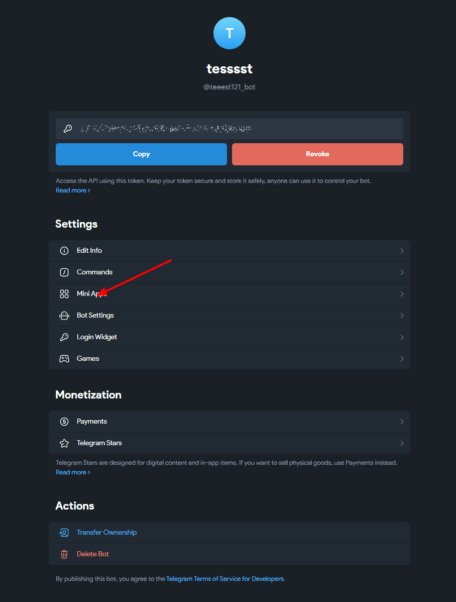 Раздел Mini App в настройках BotFather